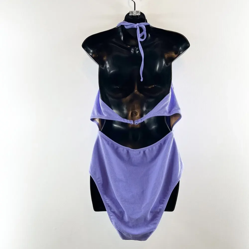 Shade & Shore Knot Cutout Halter One Piece Swimsuit Purple XL